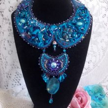 Royal Blue Haute-Couture necklace embroidered with a Purple and Duck Blue silk ribbon, crystals and various beads 